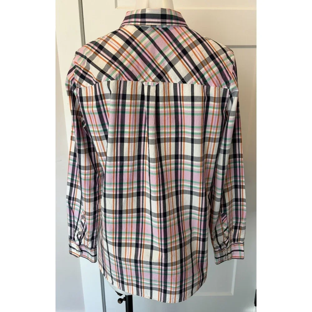 J CREW Womens Classic Button TOP Long Sleeve BLACK Lavender Green PLAID Size 12